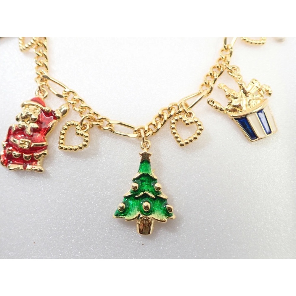 Chunky Gold Christmas Charm Necklace 🎄 Enamel Santa Tree Candy Cane Holiday - Picture 3 of 7